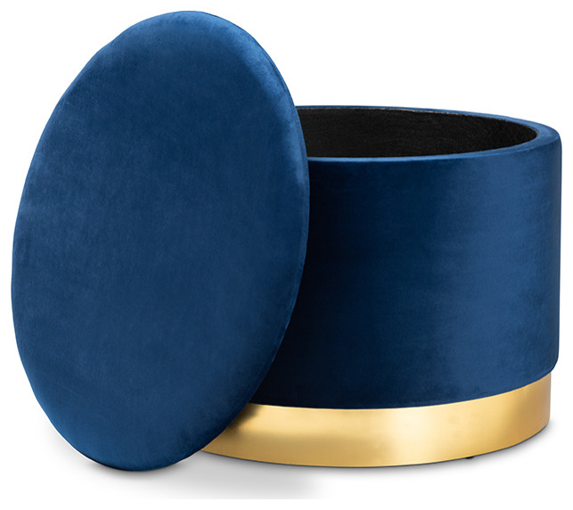 Marisa Glam and Luxe Navy Blue Velvet Fabric Upholstered Gold Storage Ottoman   Modern   Footstools And Ottomans   by Fratantoni Lifestyles  Houzz