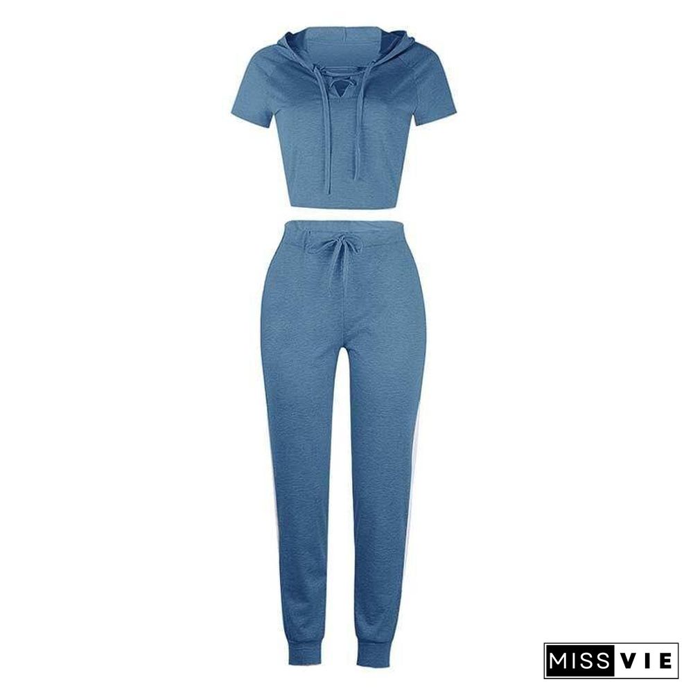 Summer 2 Piece Set Women Sexy Bandage Two Piece Set Top and Pants Long Pants Suit Female Short Sleeve Crop Tops Tracksuit