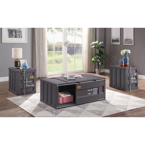 Cargo Coffee Table， Gunmetal Kd， Rectangular Coffee Table Storage: 1 Sliding Door Metal Frame， Recessed Panels