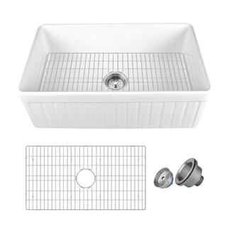 DEERVALLEY Solstice White Fireclay 33 in. L x 18 in. W Rectangular Single Bowl Farmhouse Apron Kitchen Sink with Grid and Strainer DV-1K502