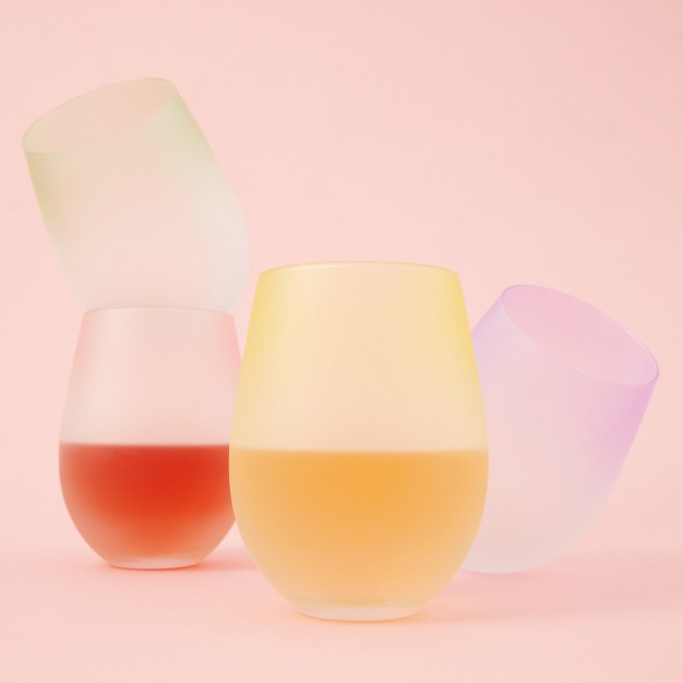 Blush Frosted Ombre Stemless Wine Glasses In Pink Purple Yellow And Green Colorful 12 Oz Set Of 4