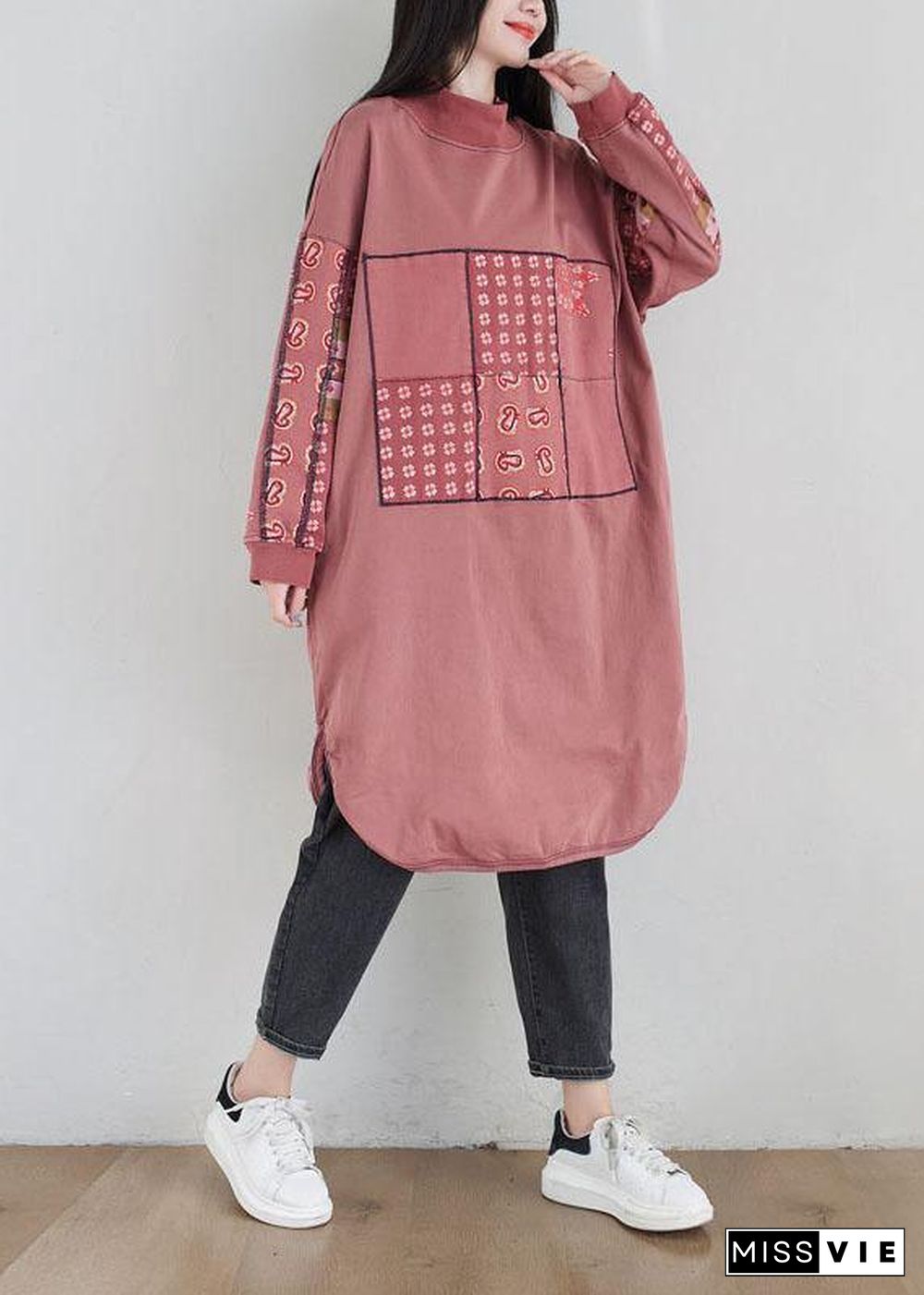 New Pink Patchwork Side Open Fall Dress Sweatshirts