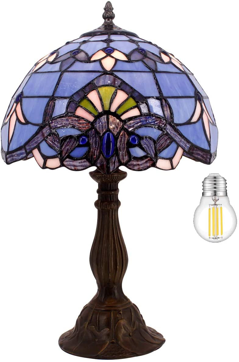 SHADY Tiffany Lamp Stained Glass Table Lamp 12X12X18 Inches Blue  Baroque Style Lavender Bedside Reading Desk Light Decor Bedroom Living Room Home Office S003C Series