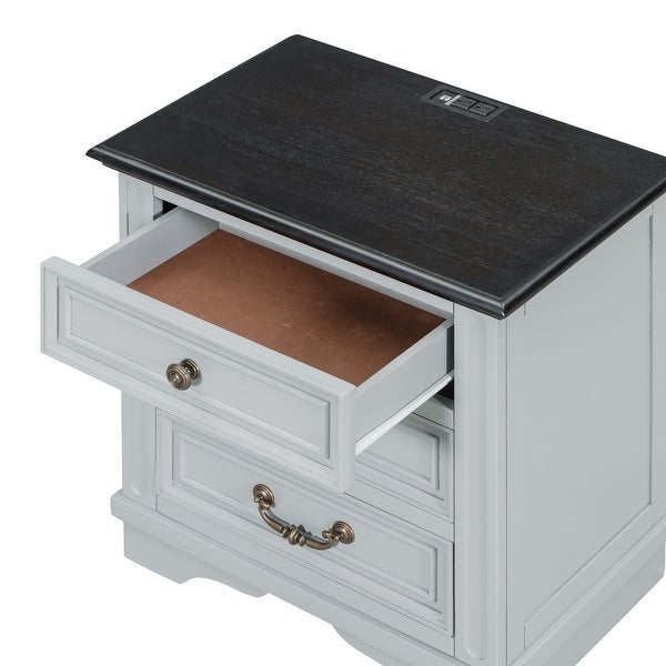 Modern Vintage Nightstand with 3 Drawers， Premium Top， 4 legs， Bedside Table - - 37797714