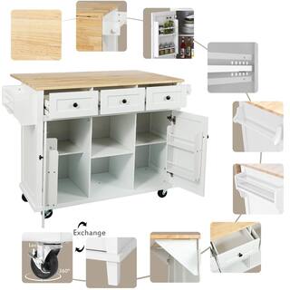 White Rubber Wood Drop-Leaf Countertop 53.1 in. W Kitchen Island with Storage Cabinet and 3-Drawers cartjinx12