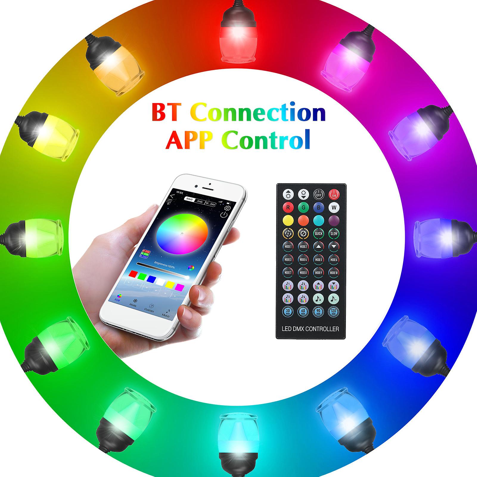 Leds String Light With 12pcs Shatterproof Light Bulbs Dimmable Multi-color Changing Mode Timer Function 40keys Remote Controller and Bt Connection Smart