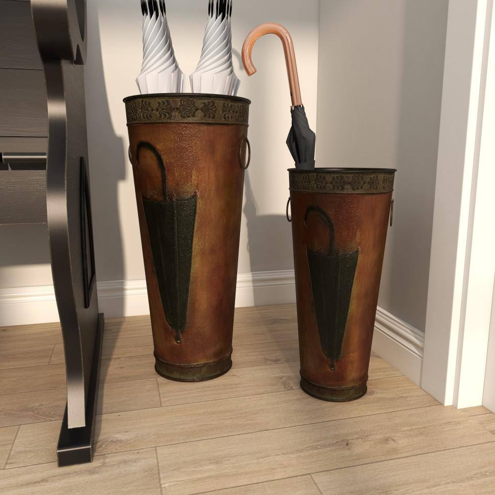 Litton Lane Brown Metal Umbrella Stand with Umbrella Image and Handles (Set of 2) 96571