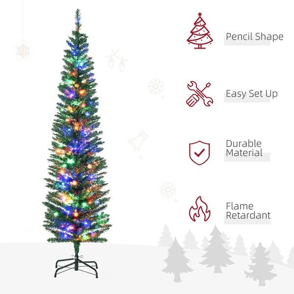 HOMCOM 6ft Tall Pencil Prelit Artificial Christmas Tree Holiday Décor with 390 Branches，150 Colorful LED Lights，Steel Base