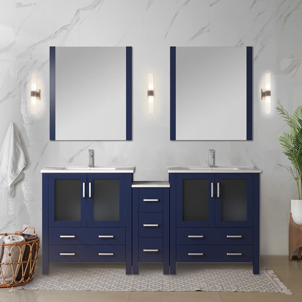 Lexora Volez 72 Inch Bathroom Vanity Cabinet in Navy Blue with Top and Mirror