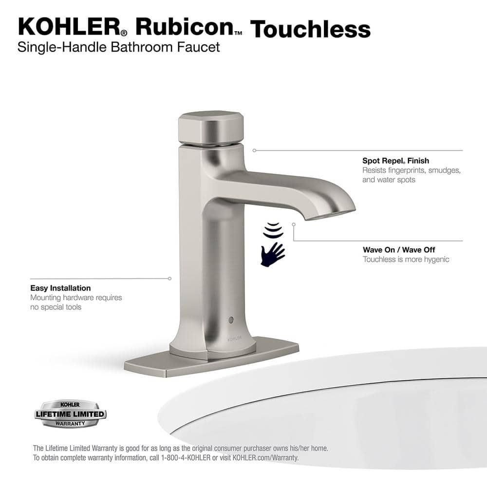 KOHLER Rubicon Battery Powered Touchless Single Hole Bathroom Faucet in Vibrant Brushed Nickel