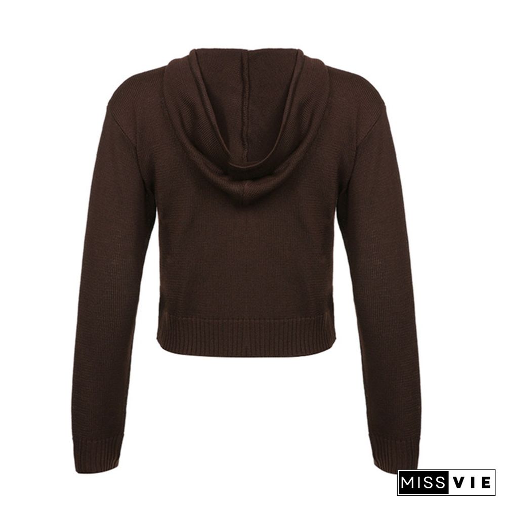 Vintage Brown Solid Hooded Y2K Sweaters Women Autumn Winter Lantern Sleeve Zip Up Jacket Cardigan Knitted Hoodies