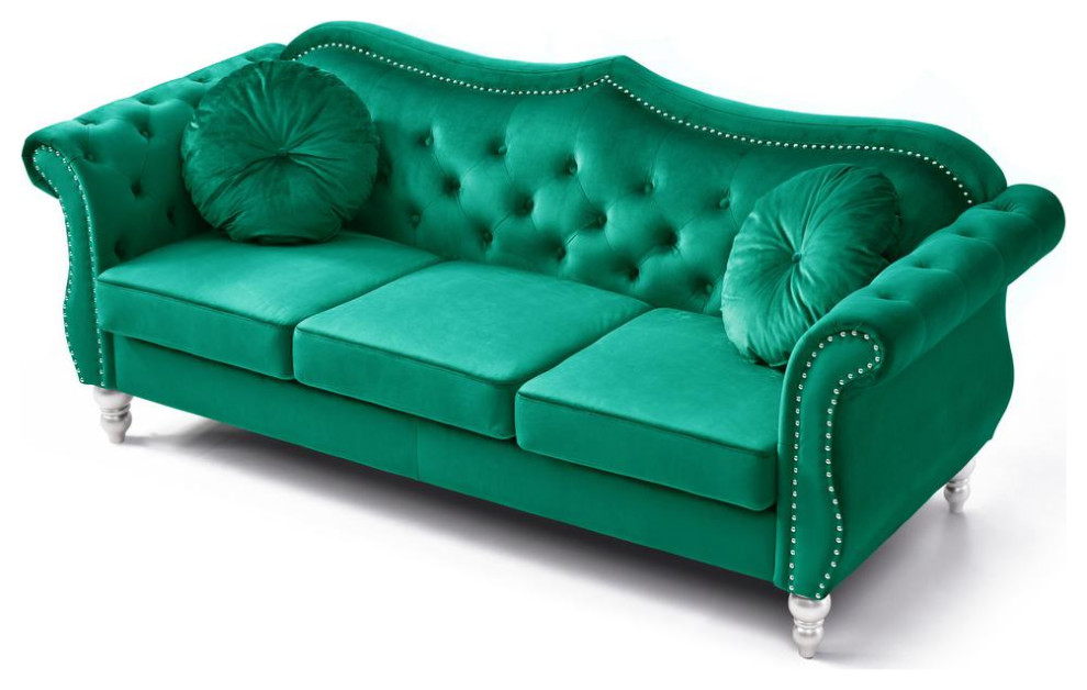 Hollywood 82 in. Green Velvet Chesterfield 3 Seater Sofa with 2 Throw Pillow   Eclectic   Sofas   by BisonOffice  Houzz