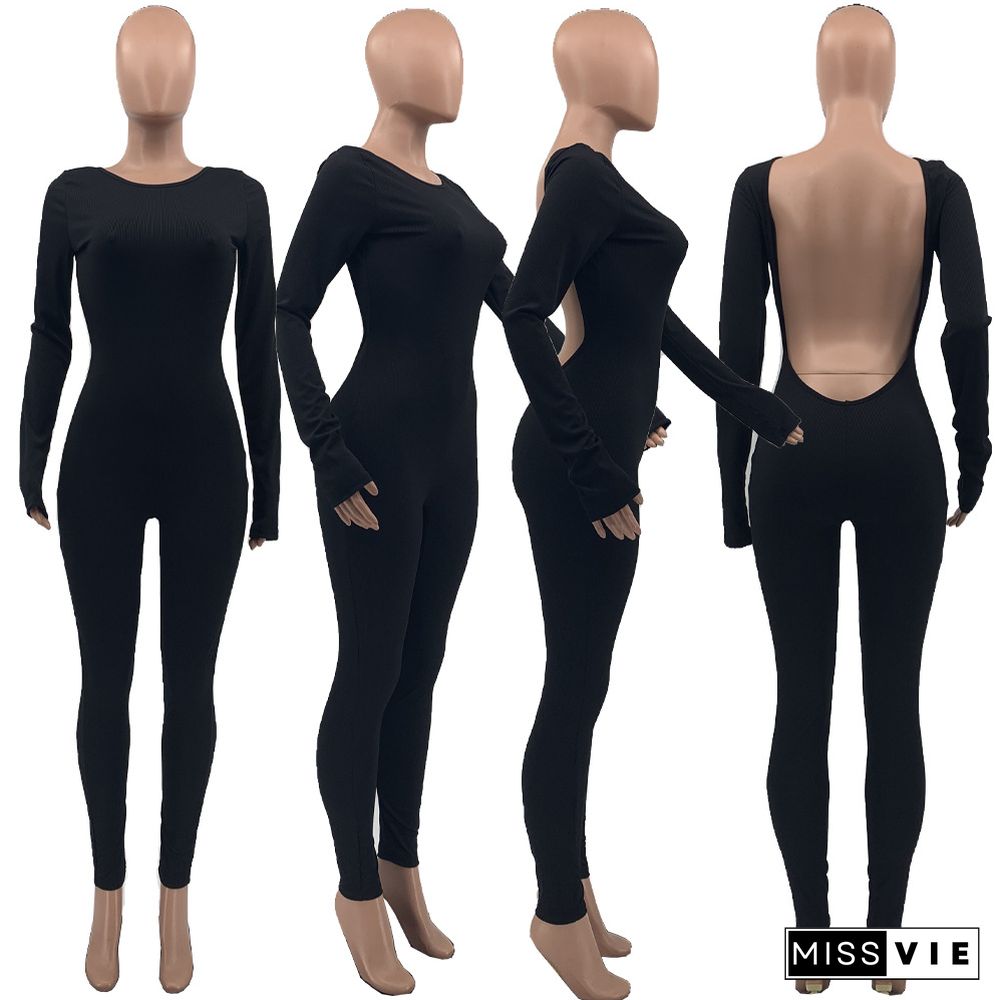 Sexy Solid Elastic Long Sleeve Back Hollow Out Bodycon Jumpsuit