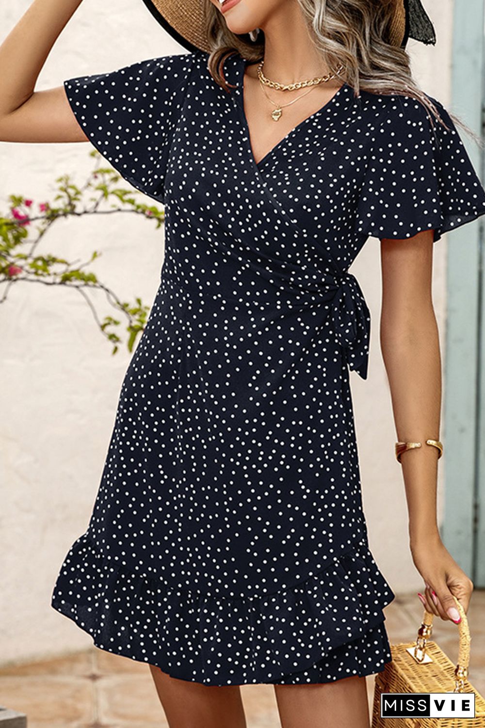 Polka Dot Print V Neck Short Dress Wholesale