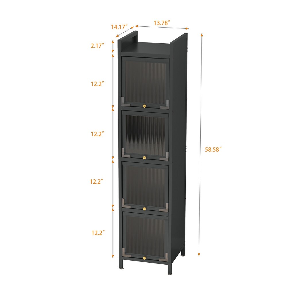 Narrow Sideboard Tableware Cabinet Bathroom Standing Shelving 4 tier Glass Door Cabinet with 4 Legs or Smooth Wheels