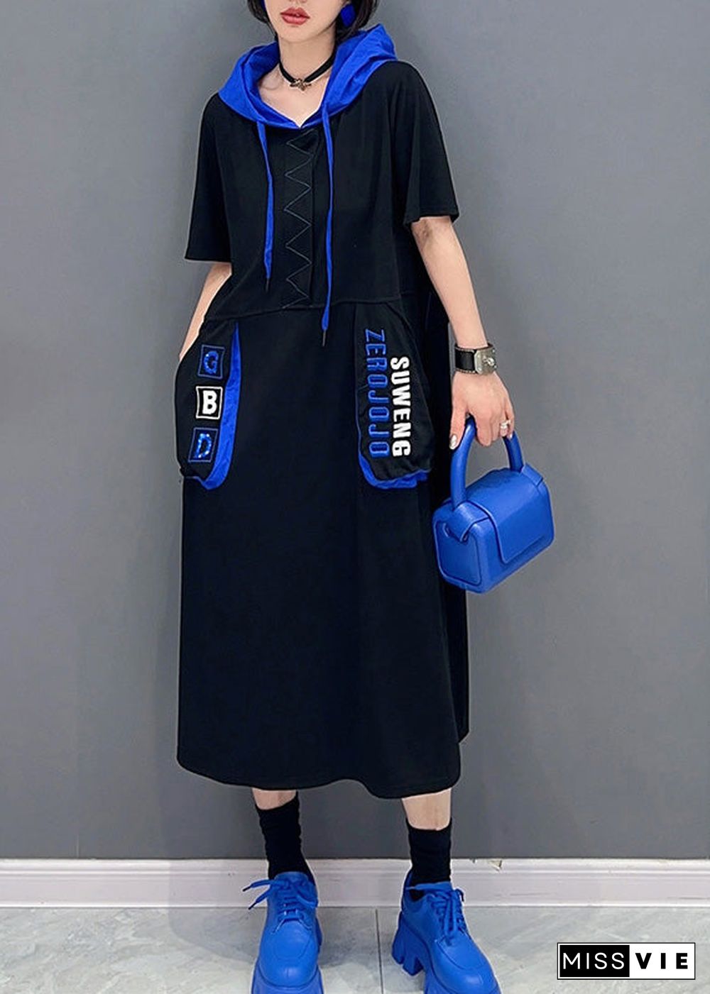 French Black Graphic Print Patchwork Vacation Hooded Maxi Dresses Short Sleeve