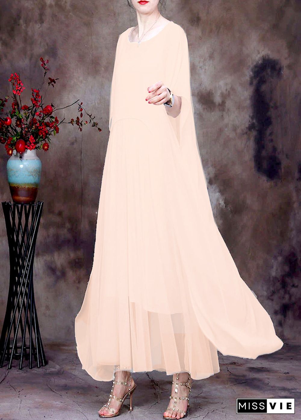 Bohemian White O-Neck asymmetrical design Chiffon Cloak Dress Batwing Sleeve