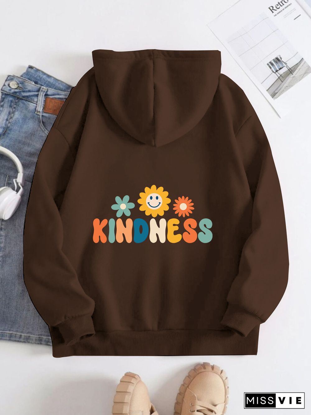 Printed on the Back Kangaroo Pocket Hoodie Long Sleeve for Women Pattern kindness