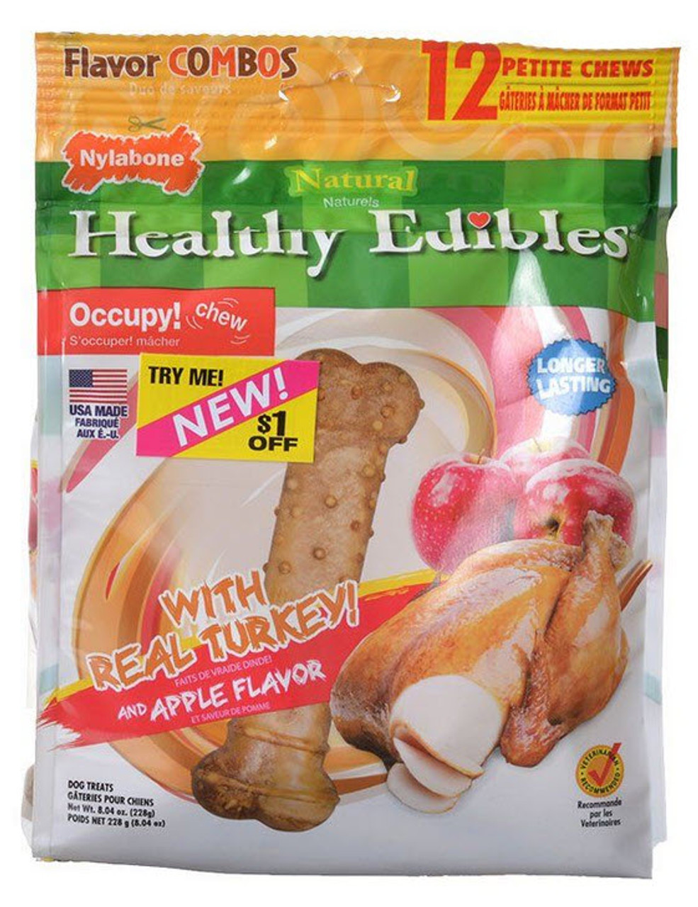 Nylabone Natural Healthy Edibles Turkey and Apple Dog Bone Treats