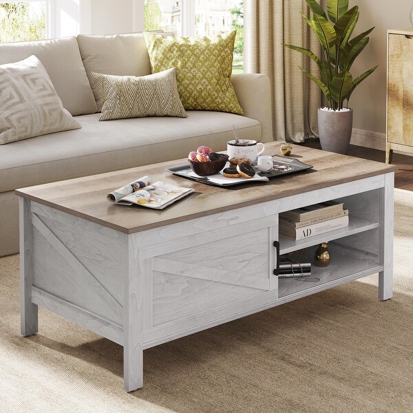 Farmhouse Wood Coffee Table with Storage Sliding Barn Door Adjustment Shelf Height