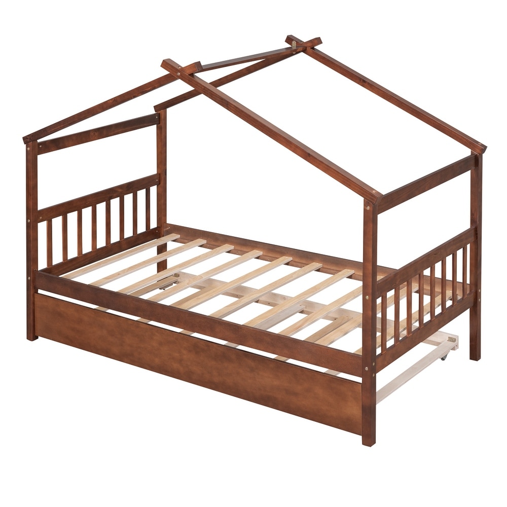 Twin Imaginative House Daybed with Headboard for Kids Girls Boys  Wooden Storage Platform Bedframe w/Trundle   Sky Roof  Walnut