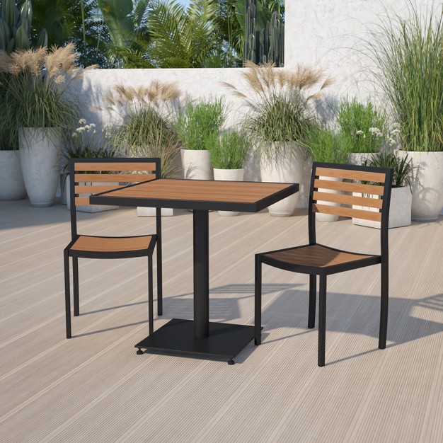 Flash Furniture Lark Outdoor Patio Bistro Dining Table Set With 2 Chairs And Faux Teak Poly Slats