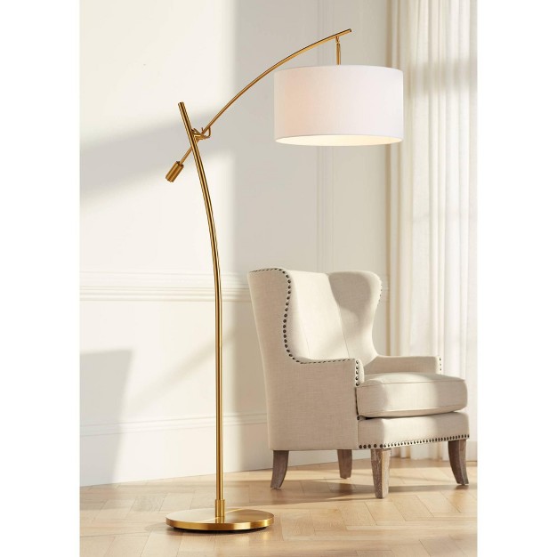 Tall Warm Gold Adjustable Boom Arm White Linen Drum Shade For Living Room Reading Office House