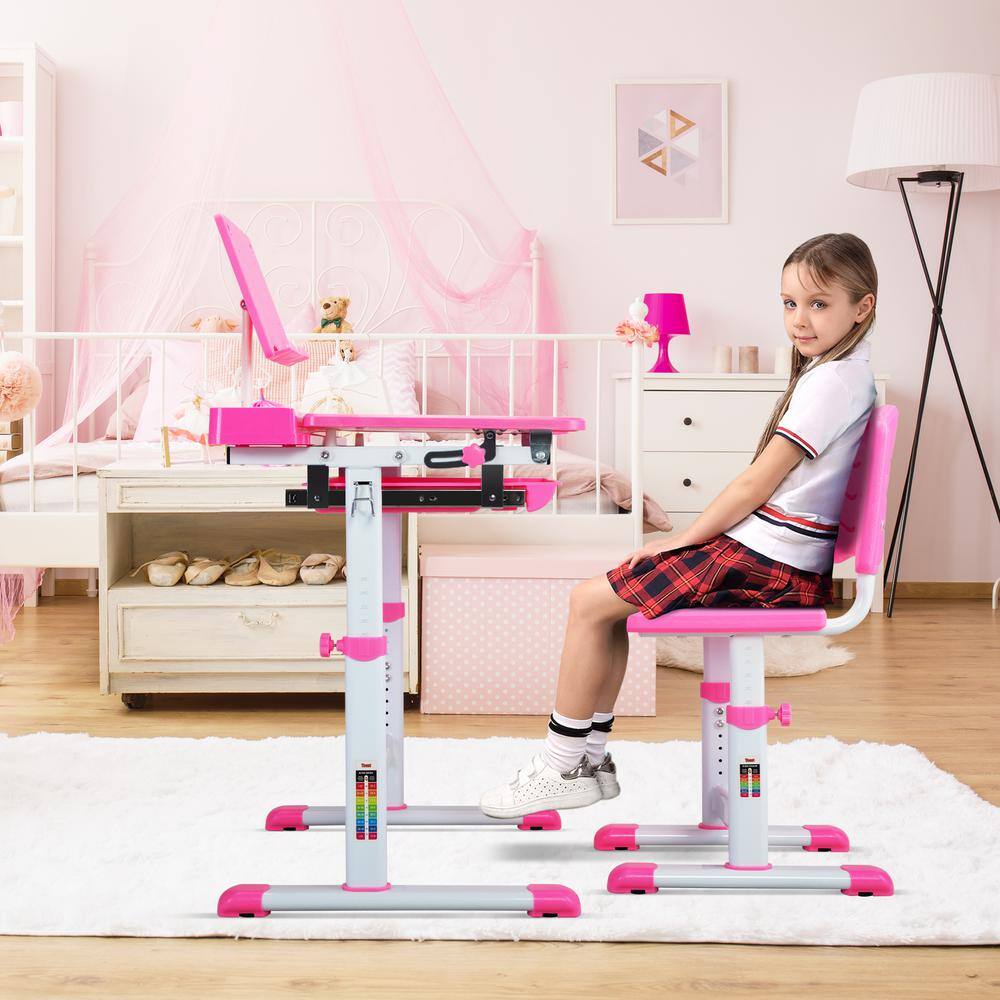 TOBBI Kids Desk and Chair Set Height Adjustable Children Study Workstation with Tilted Desktop Book Stand and Storage TH17S0763