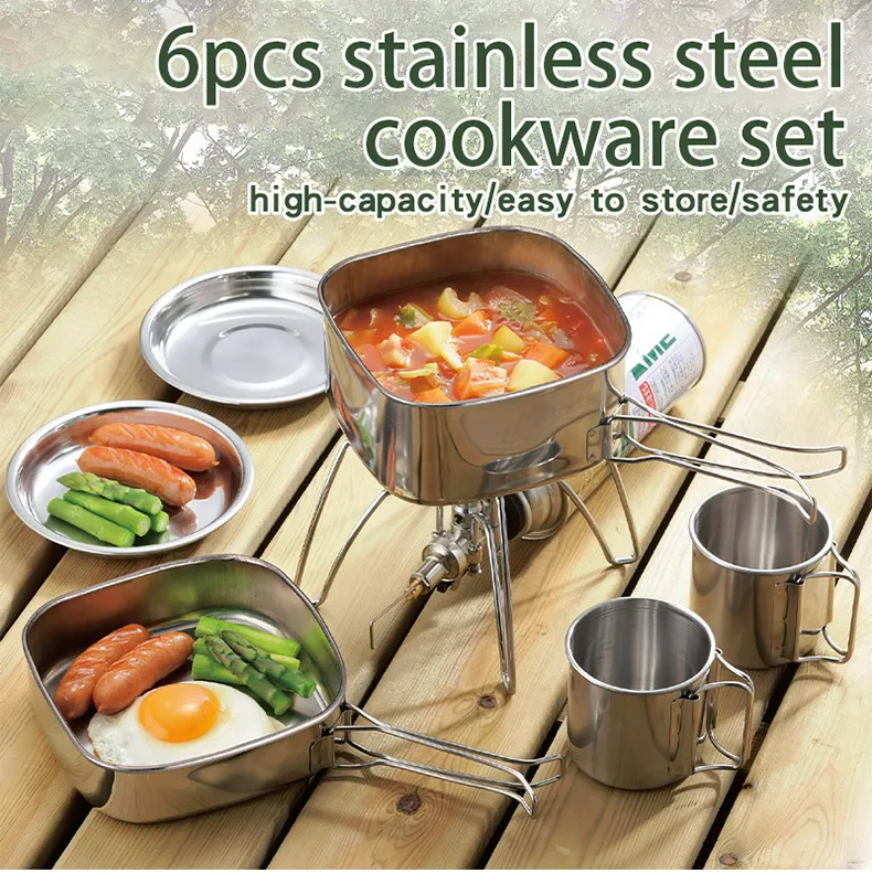 6pcs Outdoor Cookware Set Stainless Steel Picnic Cookware Camping Cooking Pot Set