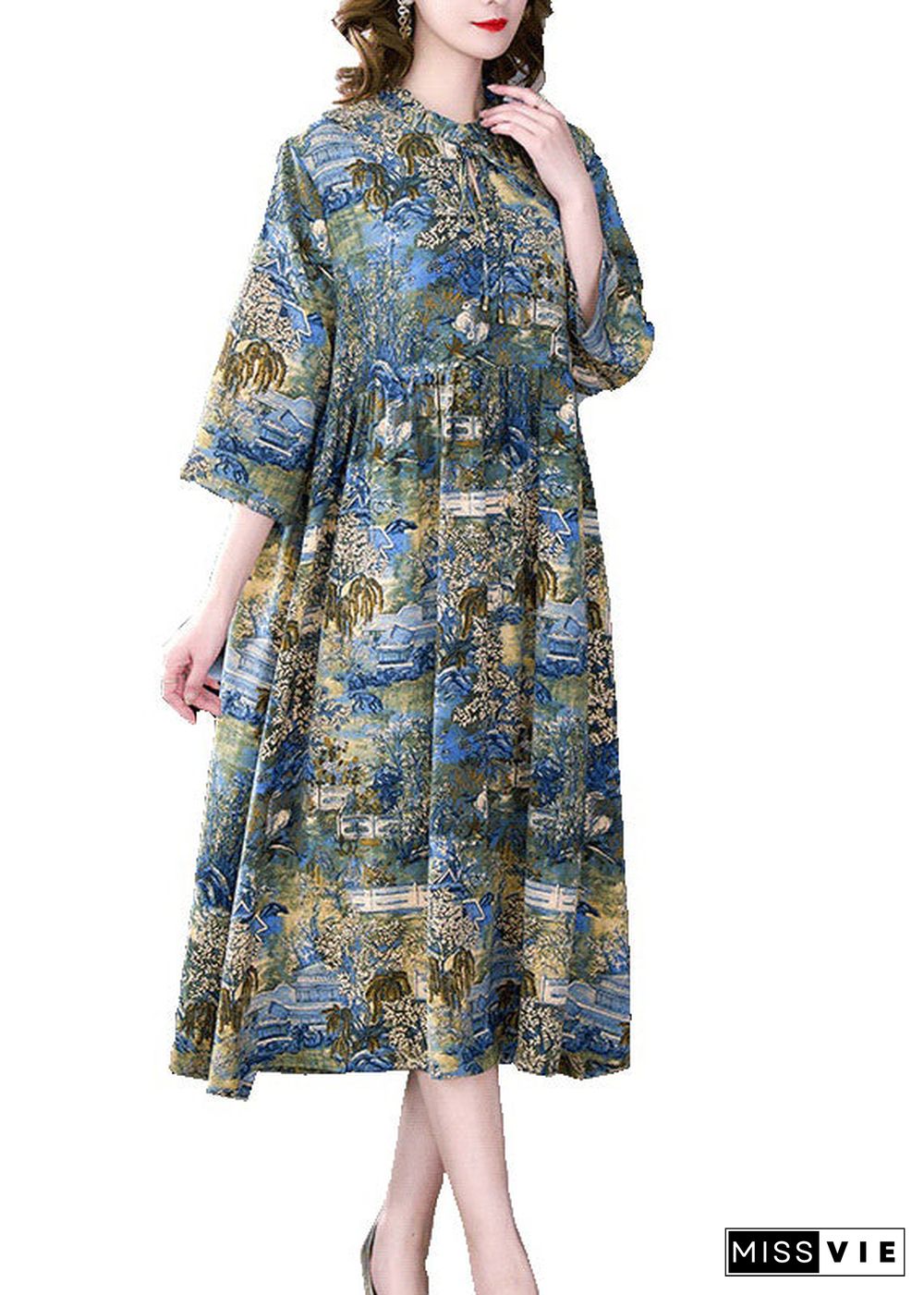 Boutique Stand Collar Wrinkled Print Chiffon Party Dress Summer