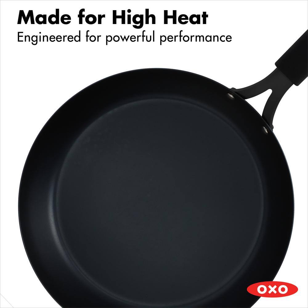 OXO Black Steel 12 in. Pre-Seasoned Carbon Steel Induction Safe Frying Pan with Silicone Sleeve in Black CC005101-001