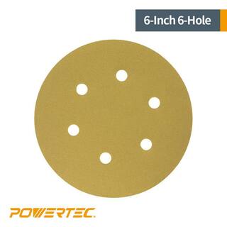 POWERTEC 6 in. 6 Hole 220-Grit Hook and Loop Sanding Discs in Gold (50-Pack) 45222G-50