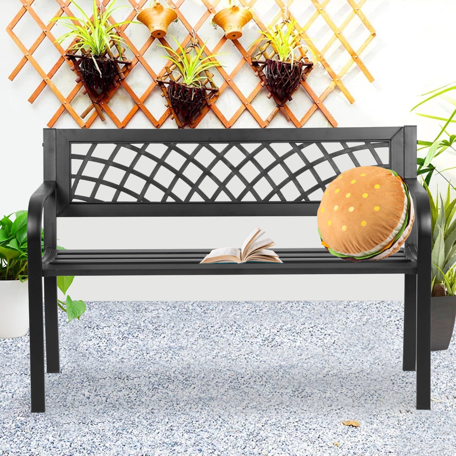 NiamVelo Patio Park Garden Bench Outdoor Metal Benches, 400 lbs Cast Iron Steel Frame Chair with PVC Mesh Pattern - for Park Yard Front Porch Path Yard Lawn Decor Deck Furniture, Black