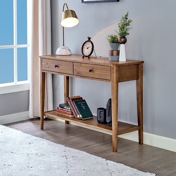 BIKAHOM Mid-Century Solid Wood 2-Tier Console Table with Drawers and Shelf/Console Sofa Table/Hallway/Entryway Table