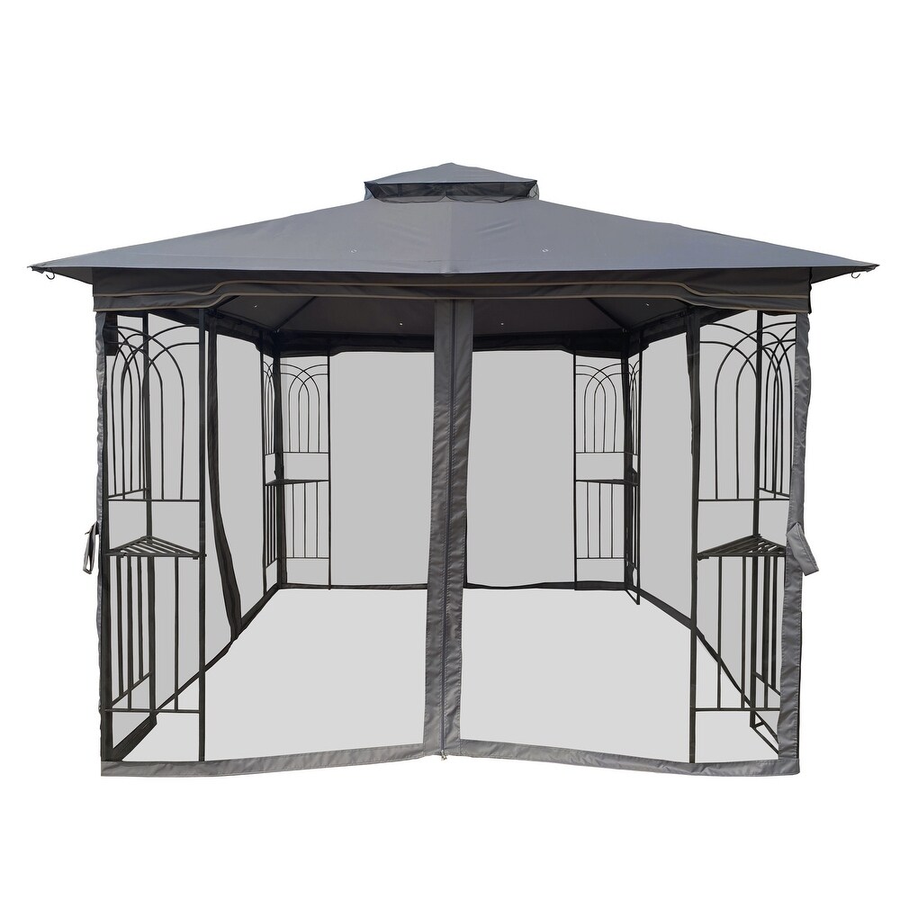 Gray 10x10 ft Patio Canopy Gazebo with Double Tier Roof  Mesh Screens