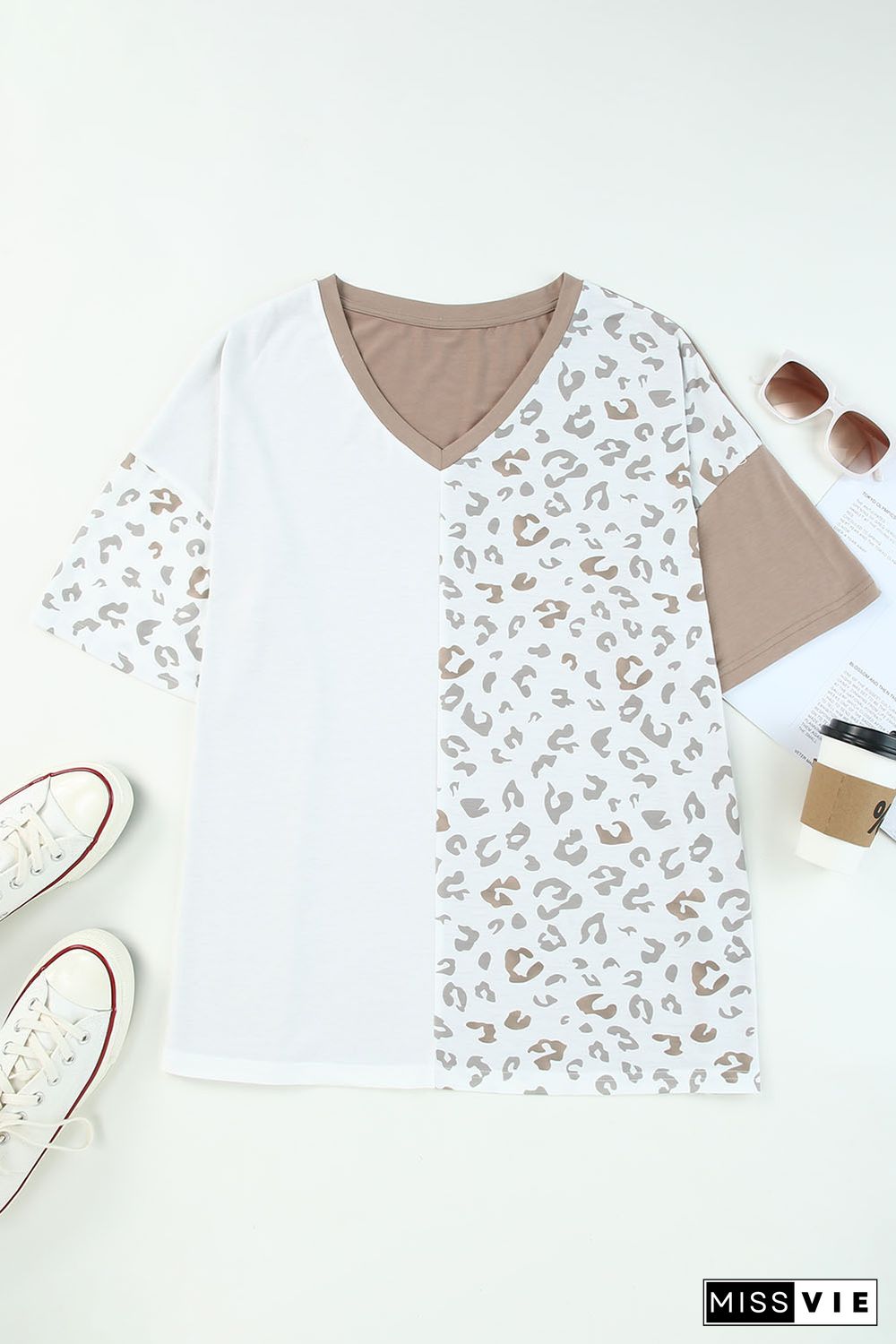 White Plus Size Leopard Patchwork Short Sleeve Top