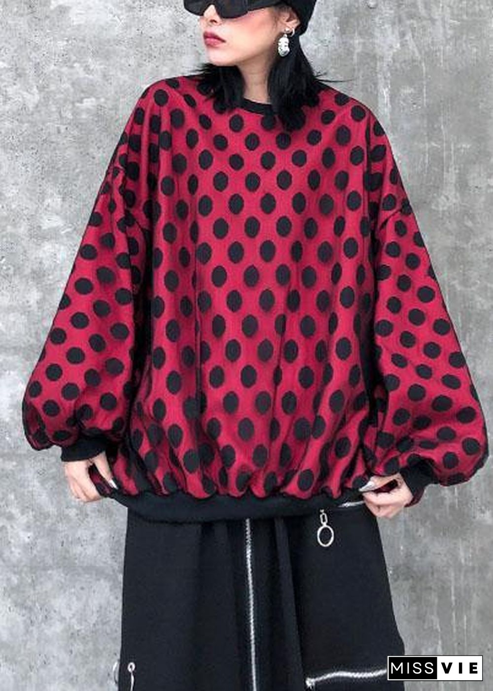 Beautiful o neck Batwing Sleeve cotton shirts Outfits red dotted shirt