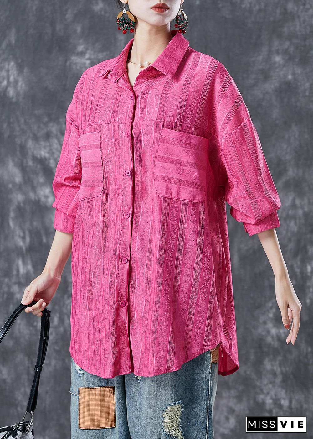 Modern Rose Oversized Striped Cotton Shirt Top Summer