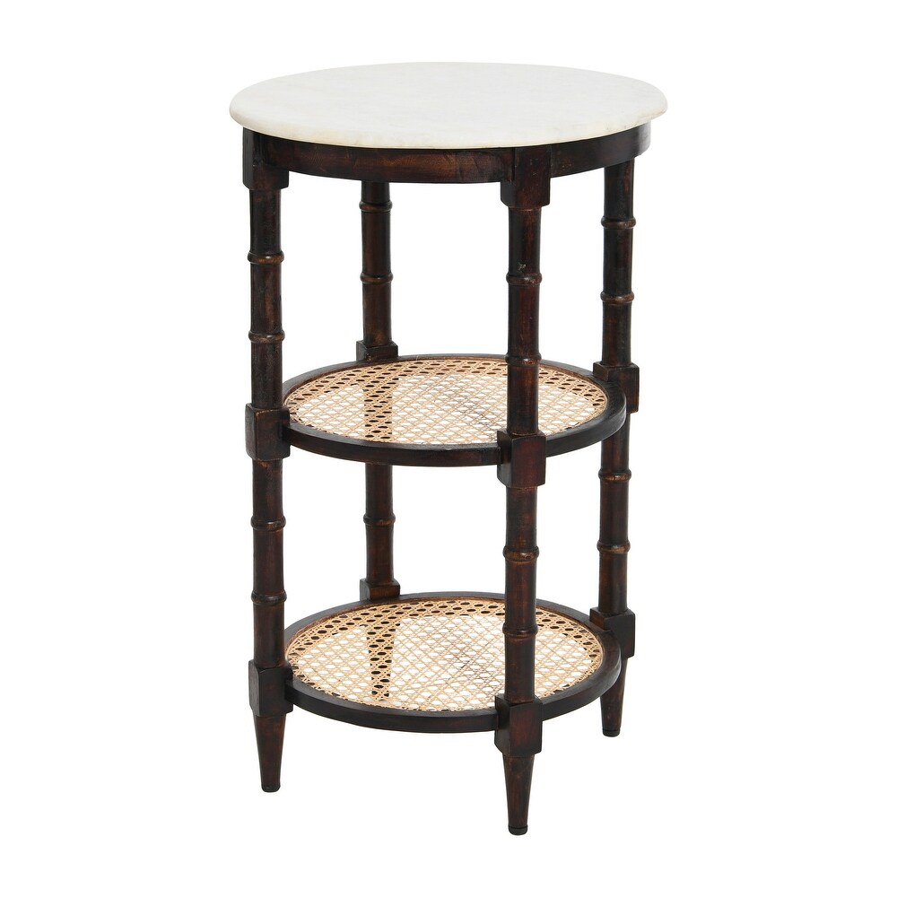 End Table with Genuine Marble Top and 2 Woven Cane Storage Shelves