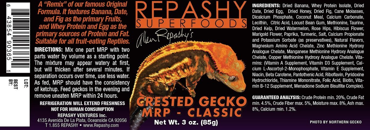 Repashy Superfoods Crested Gecko Classic Meal Replacement Powder Reptile Food， 3-oz bottle