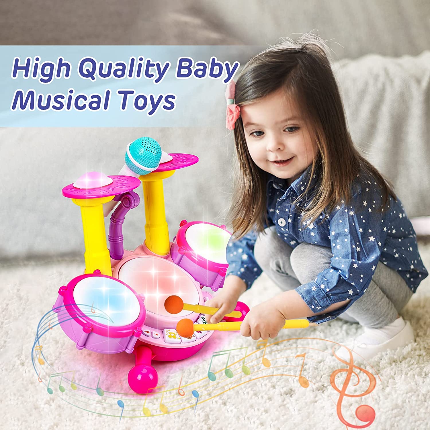 SUORFOXS Kids Drum Set for Toddlers 1-3 Musical Baby Girl Toys for 1 Year Old Girl Gifts