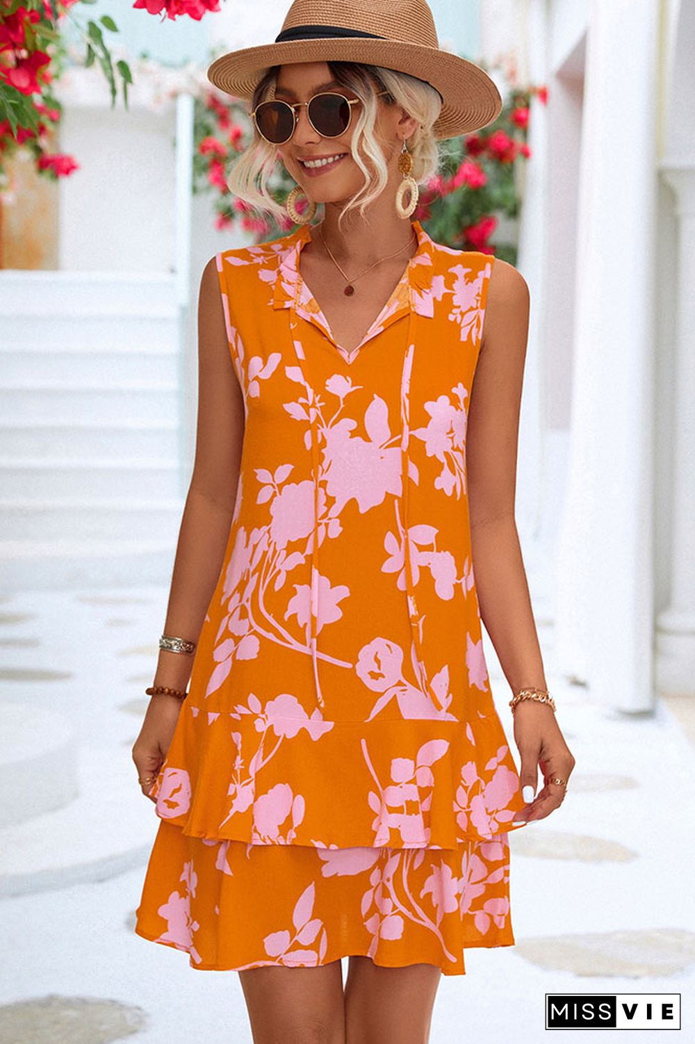 Sleeveless Ruffle Splicing Floral Dress