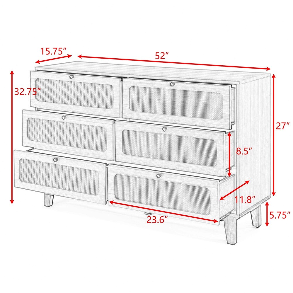 6 Drawers Dresser TV Stand Wooden Corridor Storage Cabinet with Rattan Weave Free Standing Storage Organizer for Hallway