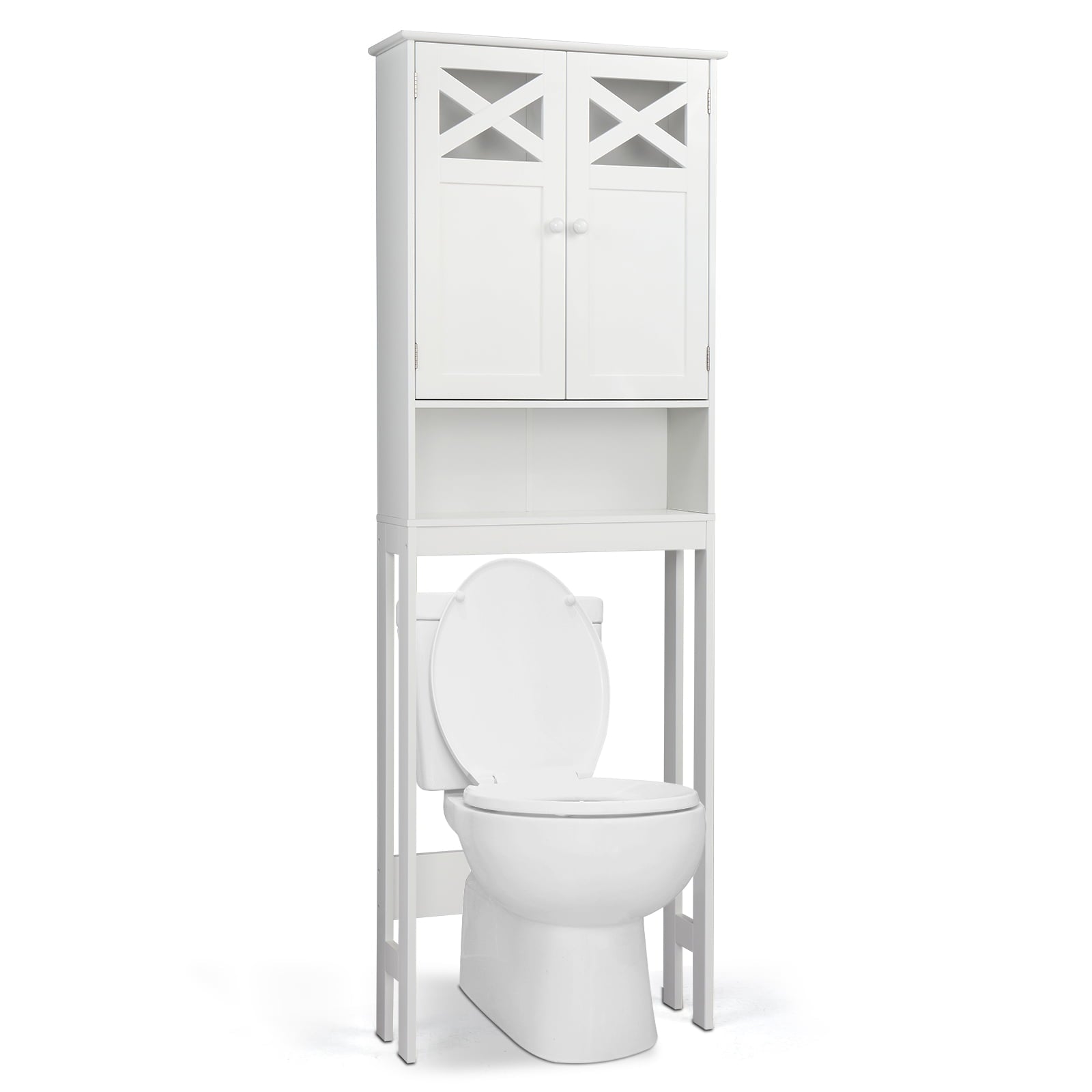 Ktaxon Over the Toilet Bathroom Storage Spacesaver, Freestanding Bathroom Cabinet with Double Doors and Adjustable Shelves, White Finish