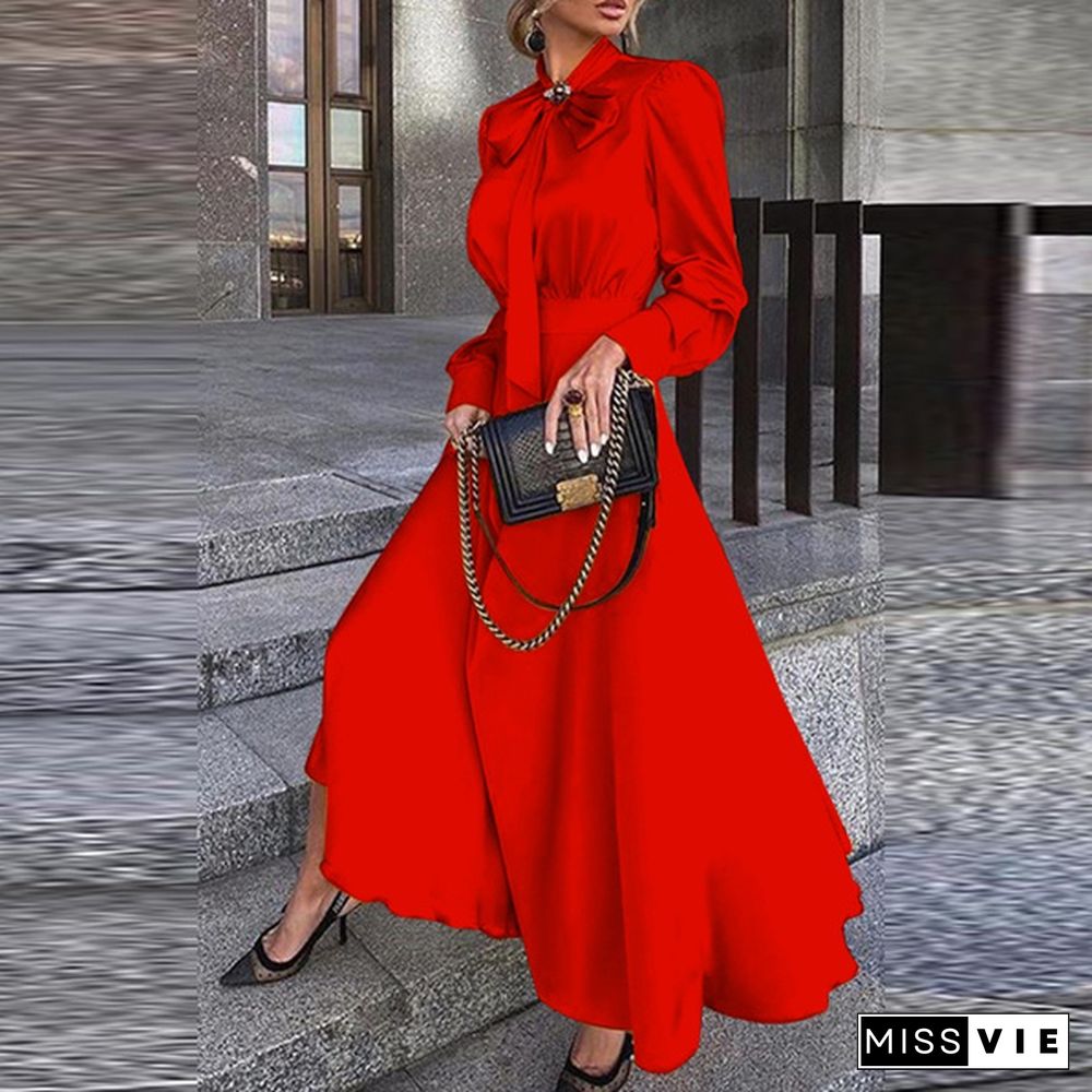 S-5Xl Women Long Sleeve Bow-Knot Crew Neck Solid Color High Waist Satin Maxi Dress Elegant Party Dress Kleid