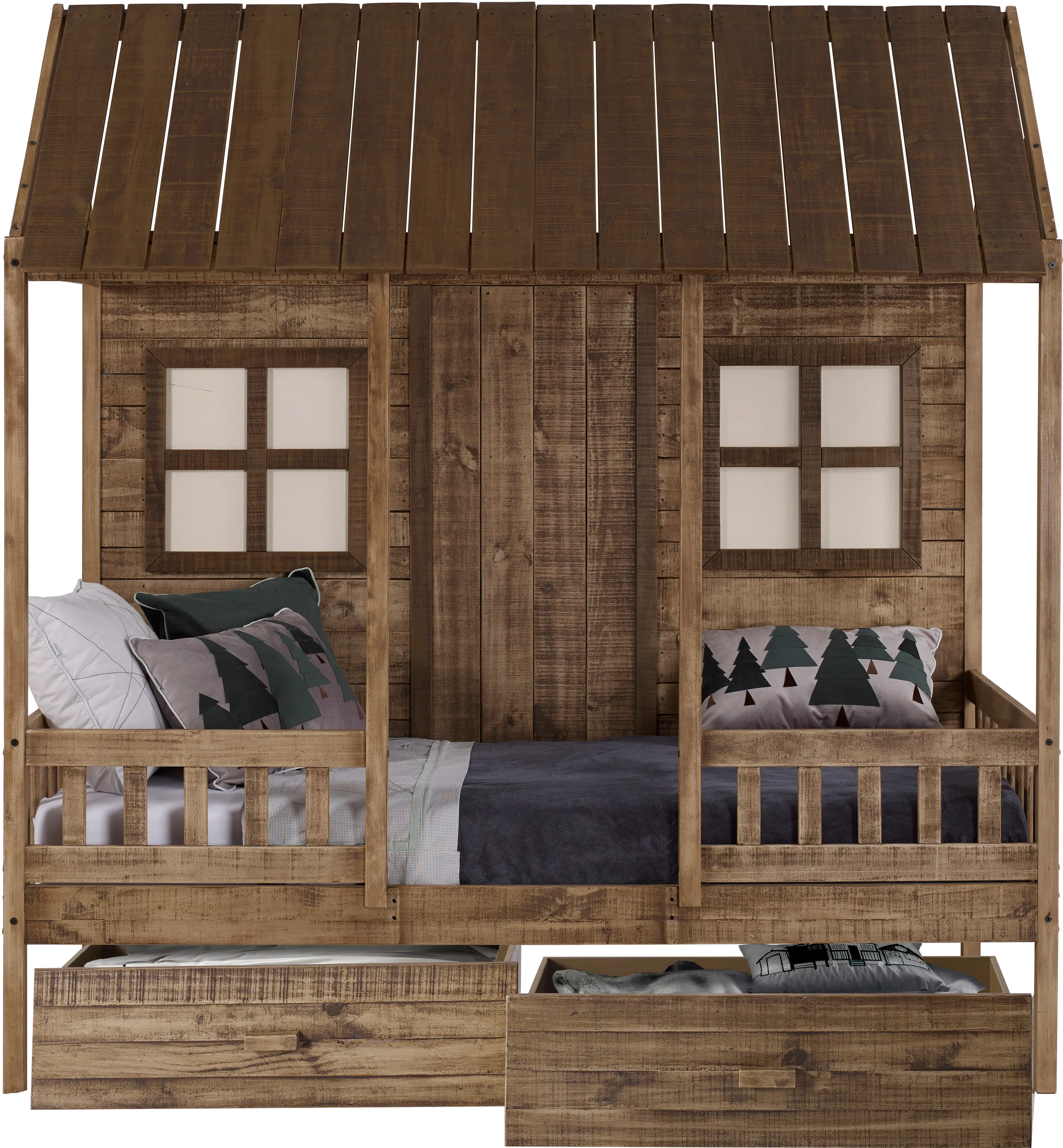 Rustic Driftwood Twin Low Loft Bed with Storage - Front Porch