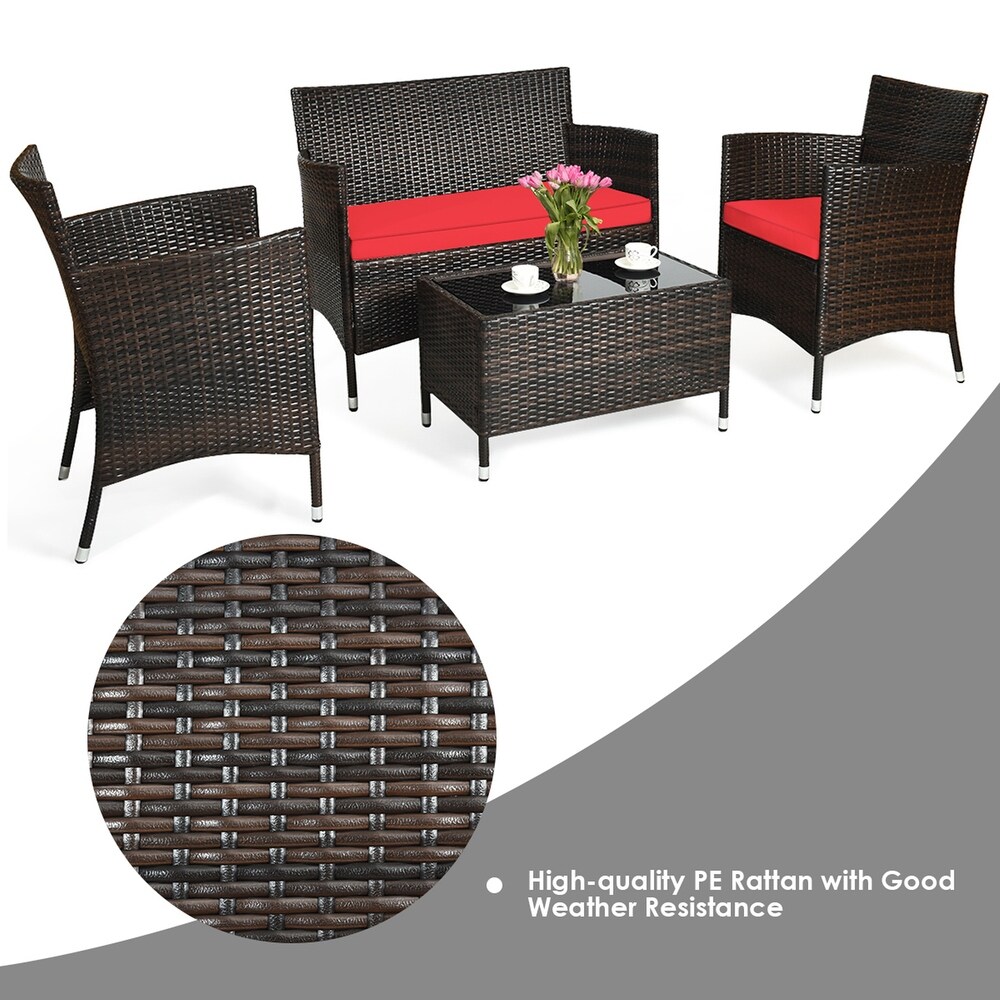 Gymax 4 Pieces Patio Rattan Conversation Furniture Set Outdoor w/