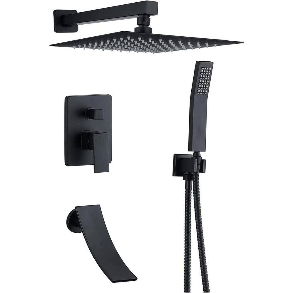 Kingdely 10 in. 3-Spray Wall Bar Shower Kit With Hand Shower and Square Rain Shower Head With Valve in Matte Black KF020289-01-KPL