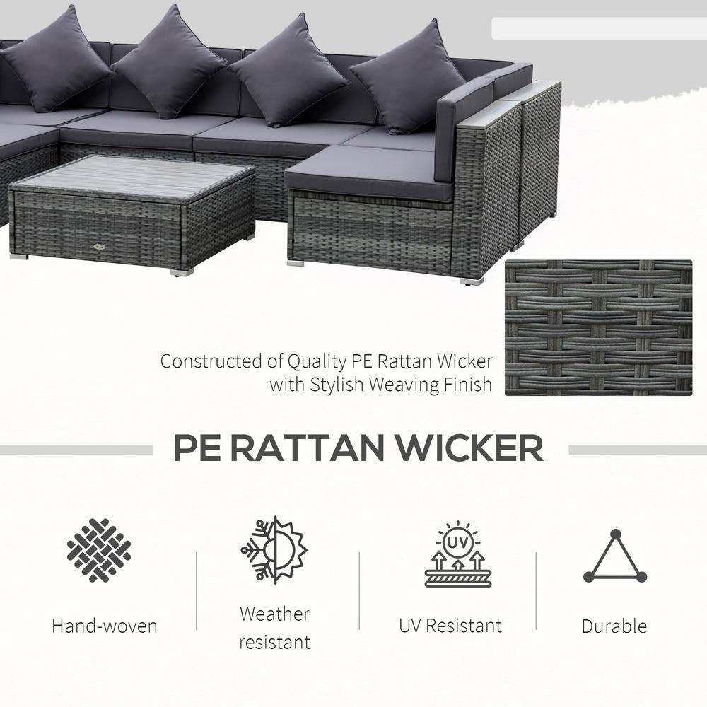 Outsunny 7-Piece Patio Furniture Sets PE Rattan Wicker Outdoor Sectional Sofa Set Conversation Set with Grey Cushion 860-212GY