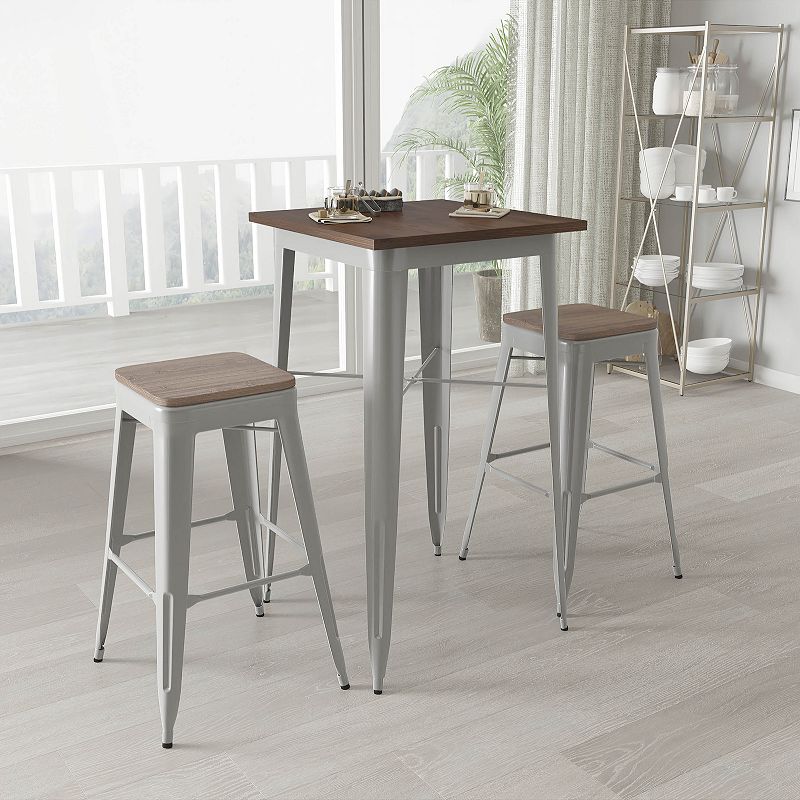 Merrick Lane 3 Piece Bar Table and Stools Set with 23.5 Square Silver Metal Table with Wood Top and 2 Matching Bar Stools